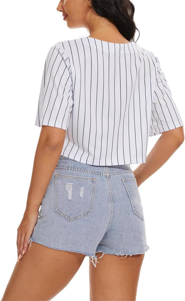 Mowbeat Cropped Jersey for Women Stripe Baseball Jersey Button Down T-Shirts Crop Top V-Neck Softball Blouse - Image 4